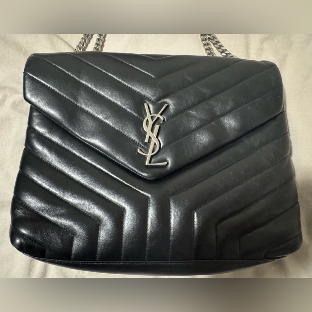 Saint Laurent Black Quilted Chevron Leather Shoulder Bag with Silver YSL Logo